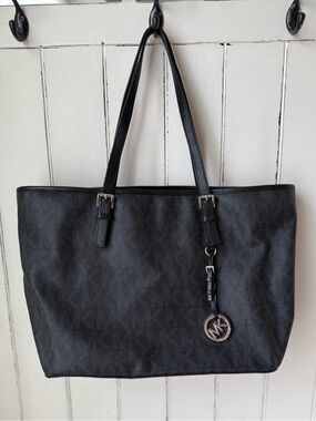 Michael Kors Black Pebbled Leather Tote with Logo Charm